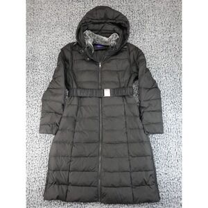 Seraphine Maternity Puffer Coat Women 8 Black Long Belted Hooded Faux Fur Trim